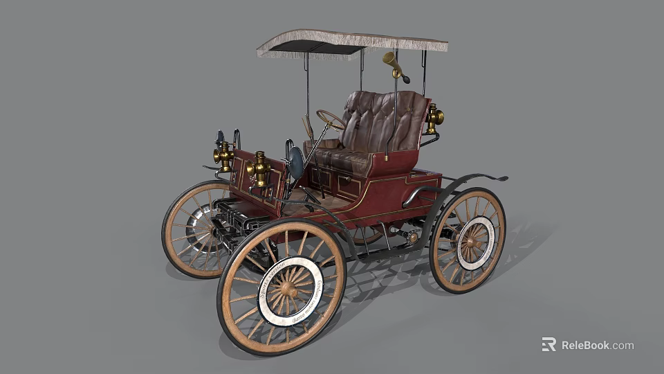 Vintage Open Top Car With Wooden Wheels Brown Leather Seats And Canvas Canopy 3d model 
