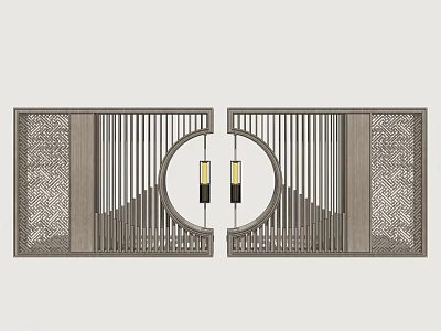 Chinese Style Room Partition With Circular Lattice Design And Pendant Lights 3d model