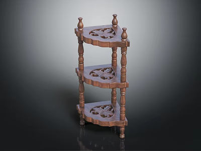 Three Tier Wooden Corner Shelf Featuring Carved Patterns Scalloped Shelves And Ornate Posts 3d model