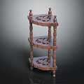 Three Tier Wooden Corner Shelf Featuring Carved Patterns Scalloped Shelves And Ornate Posts