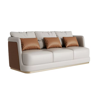 Modern Three Seater Sofa With Cream Upholstery Brown Quilted Cushions And Golden Base Trim 3d model