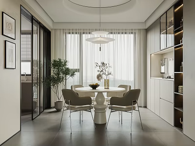 Modern Dining Room With Round Table Four Chairs Vase Green Plant Windows Curtains And Cabinets 3d model