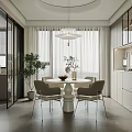 Modern Dining Room With Round Table Four Chairs Vase Green Plant Windows Curtains And Cabinets