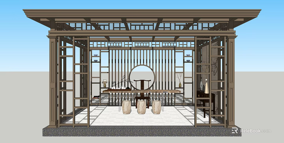 Traditional Chinese Interior Design Featuring Lattice Doors Round Mirror Long Table And Stools 3d model 