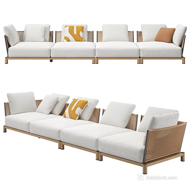 Light Upholstered Sectional Sofa With Wooden Frame And Patterned Orange Cushions 3d model