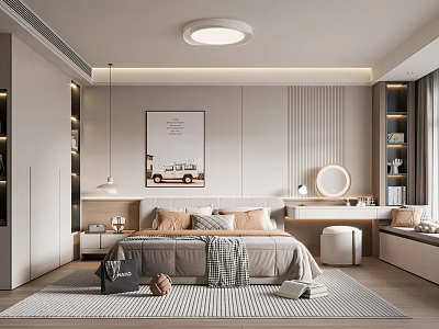 Modern Elegant Minimalist Bedroom Interior With King Bed Wall Art Round Mirror And Soft Lighting 3d model