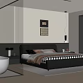 Modern Bedroom Interior Design With Black Leather Bed Illuminated Headboard And Artworks