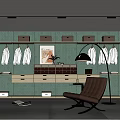 Modern Closet Interior Design With Green Wall Storage Boxes White Hanging Clothes And Brown Chair