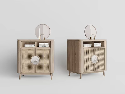 Pair of Modern Light Wood Bedside Tables With Rattan Front Panels Round Mirrors and Books 3d model