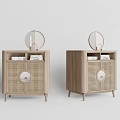 Pair of Modern Light Wood Bedside Tables With Rattan Front Panels Round Mirrors and Books