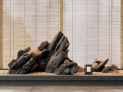 Artistic Rockery Stones Decorative Display With Bamboo Blinds Sand And Small Lantern 3d model