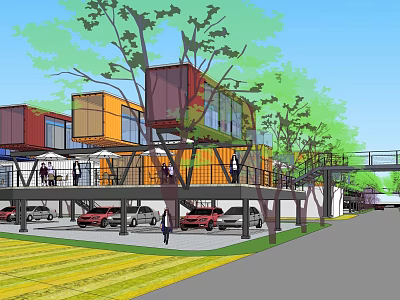 Colorful Container Commercial Street Design With Trees Pedestrians And Parking Area 3d model