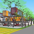 Colorful Container Commercial Street Design With Trees Pedestrians And Parking Area