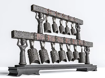 Chinese Traditional Musical Instrument Ancient Chime Bells With Intricate Carved Frame And Hanging Design 3d model