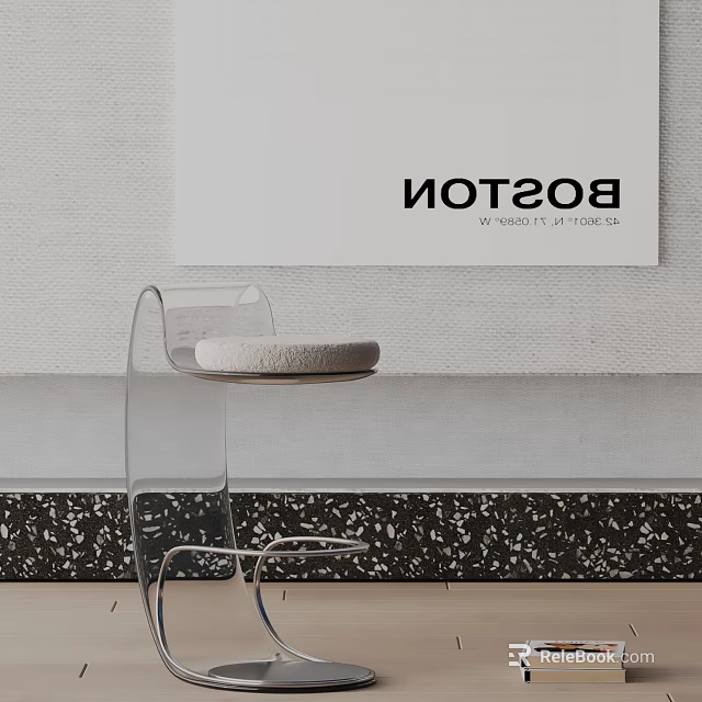 Transparent Bar Stool With Gray Cushion In Modern Interior Against Wall And Black Terrazzo Floor 3d model 