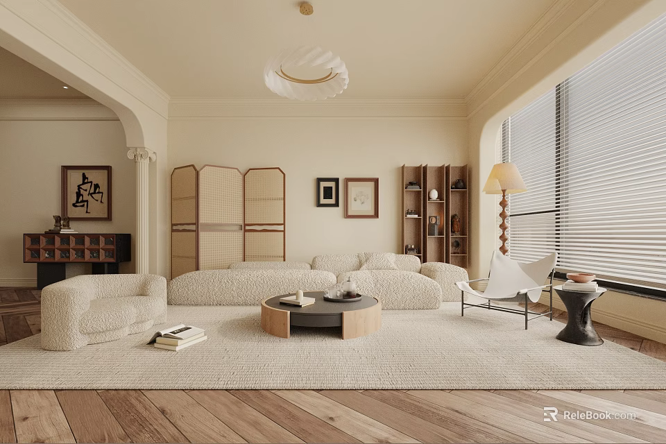 Cozy Living Room Interior With White Sofa Round Coffee Table And Wooden Floor 3d model 