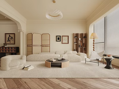 Cozy Living Room Interior With White Sofa Round Coffee Table And Wooden Floor 3d model