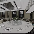 Modern Luxurious Banquet Hall With Round Tables White Tablecloths Chandeliers And Green Centerpieces