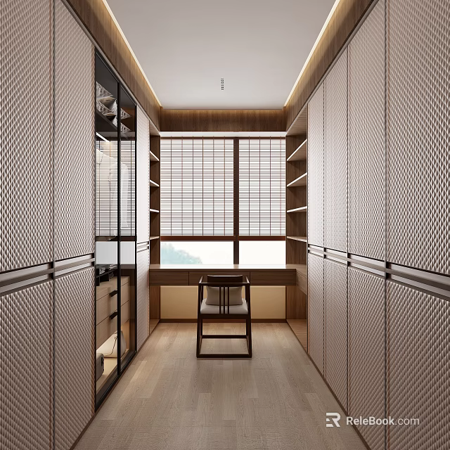 Elegant Modern Walk in Closet Interior Design With Wooden Cabinets Storage Shelves And Dressing Chair 3d model 