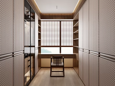 Elegant Modern Walk in Closet Interior Design With Wooden Cabinets Storage Shelves And Dressing Chair 3d model