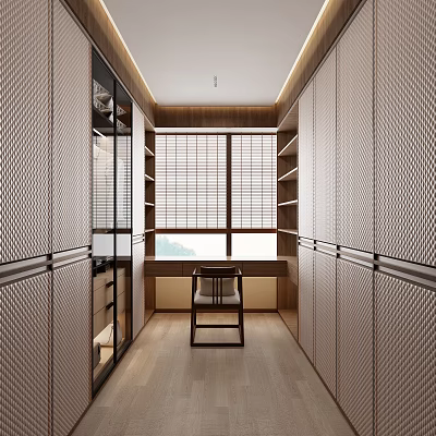 Elegant Modern Walk in Closet Interior Design With Wooden Cabinets Storage Shelves And Dressing Chair 3d model