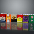 Various Branded Boxed Household Products With Colorful Designs And Different Flavors