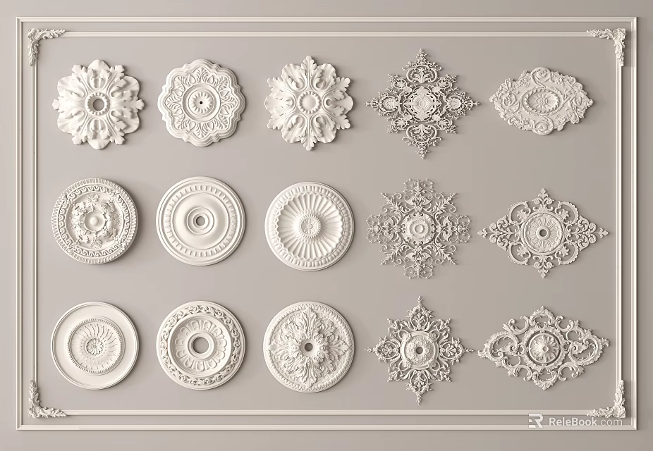 White Ceiling Medallions with Various Patterns Arranged on Gray Background 3d model 