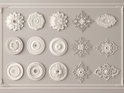 White Ceiling Medallions with Various Patterns Arranged on Gray Background 3d model