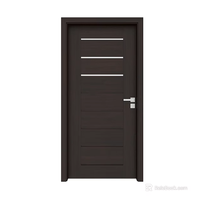 Dark Brown Hinged Door With Horizontal Lines Design And Silver Handle 3d model
