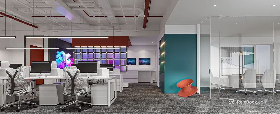 Modern Open Public Office Space With Ergonomic Workstations And Colorful Wall Art 3d model 