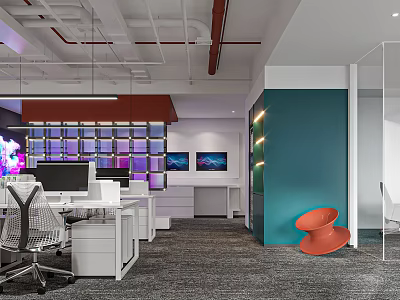 Modern Open Public Office Space With Ergonomic Workstations And Colorful Wall Art 3d model