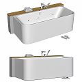 Modern Freestanding White Bathtub With Wooden Top Towels Slippers And Faucet