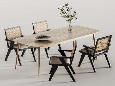 Modern Wooden Dining Table Set with Rattan Back Chairs Vase Greenery and Decorative Plate 3d model