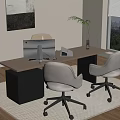 Modern Office Desk With Two Gray Chairs Computer Monitor And Green Plant Near Window