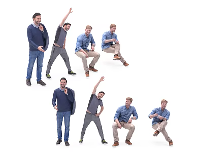 Group of Men in Various Casual Clothing Poses Isolated on White Background 3d model
