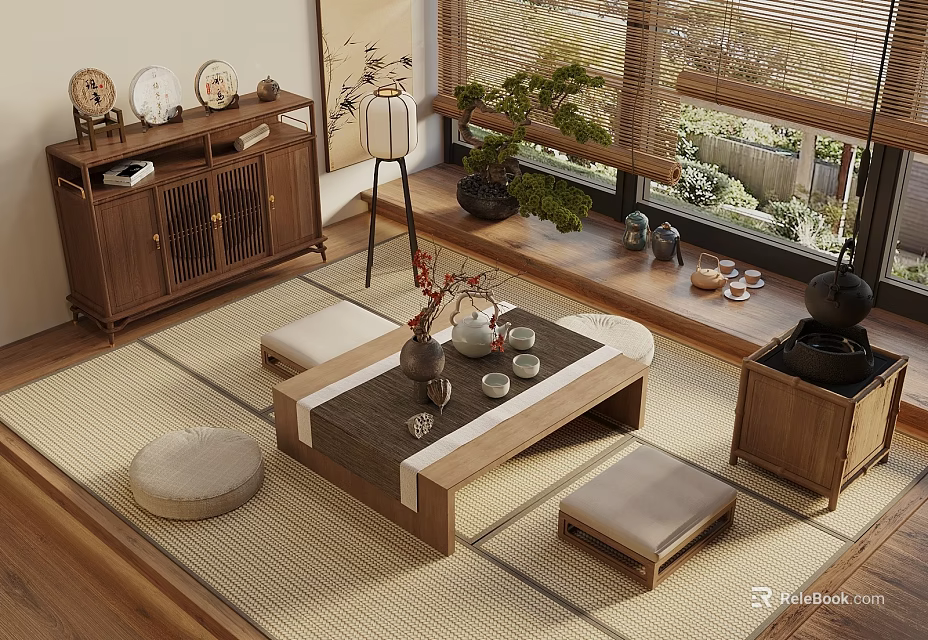 Traditional Japanese Tea Room With Tatami Floor Bamboo Blinds Low Wooden Table And Tea Sets 3d model 