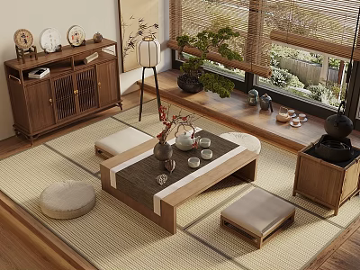 Traditional Japanese Tea Room With Tatami Floor Bamboo Blinds Low Wooden Table And Tea Sets 3d model