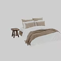 Simple Style Double Bed With White Sheets Brown Blanket And Small Wooden Stool