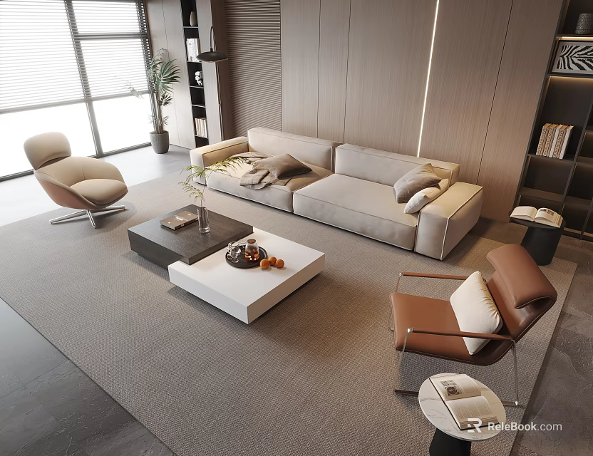 Elegant Modern Sofa and Coffee Table Set with Accent Chairs Area Rug and Wooden Shelves 3d model 
