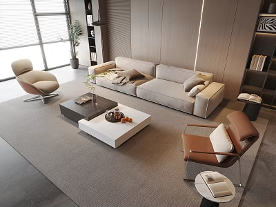 Elegant Modern Sofa and Coffee Table Set with Accent Chairs Area Rug and Wooden Shelves 3d model