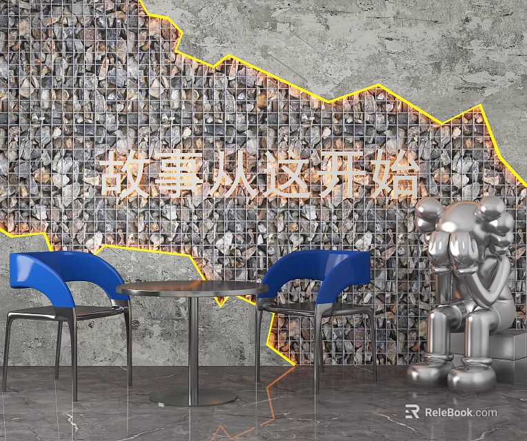 Pebble Decorative Background Wall With Yellow Outline Design Blue Chairs Metal Table And Silver Sculpture 3d model 