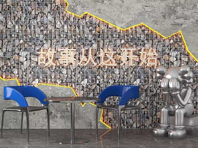 Pebble Decorative Background Wall With Yellow Outline Design Blue Chairs Metal Table And Silver Sculpture 3d model