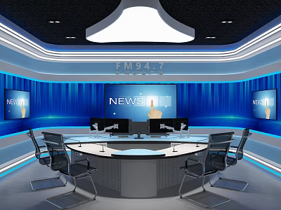 Modern Public Office Space With Circular Conference Table Blue Background Wall News Screen And Lighting 3d model