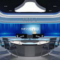 Modern Public Office Space With Circular Conference Table Blue Background Wall News Screen And Lighting