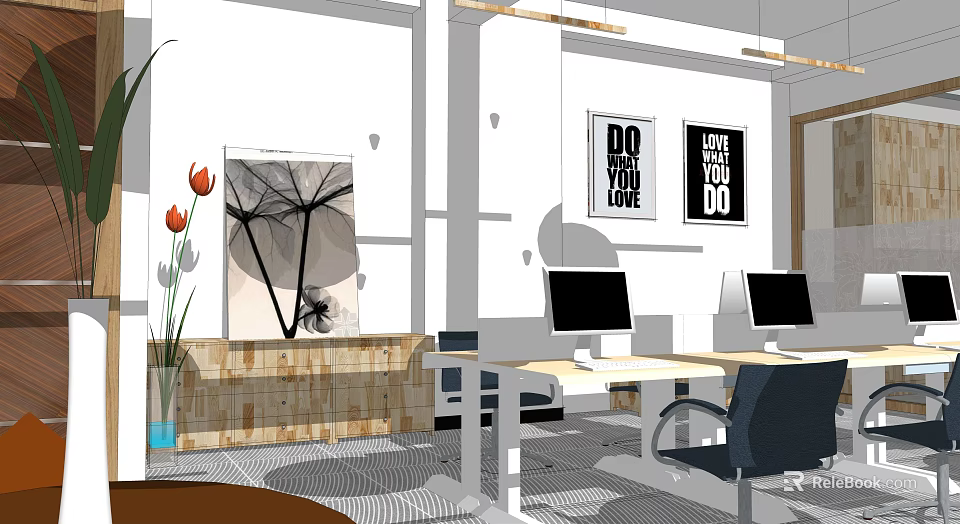 Modern Office Interior With Work Desks Computers Wall Posters And Green Plant 3d model 