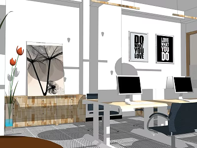 Modern Office Interior With Work Desks Computers Wall Posters And Green Plant 3d model