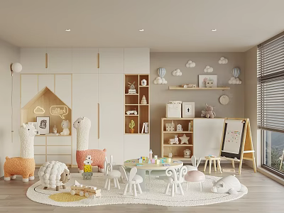 Cozy Kids Playroom With Plush Toys Round Rug And Cloud Decor 3d model