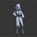 Futuristic Character With Blue Purple Hair Cat Ears And Tail Wearing Modern Jacket Pants