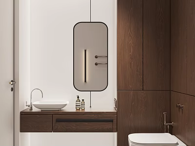 Modern Bathroom Interior Design With Oval Mirror Wooden Cabinets White Basin And Toilet 3d model