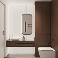 Modern Bathroom Interior Design With Oval Mirror Wooden Cabinets White Basin And Toilet